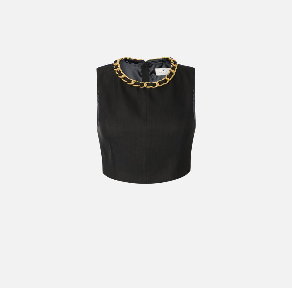 Top in misto lino con catena gioiello