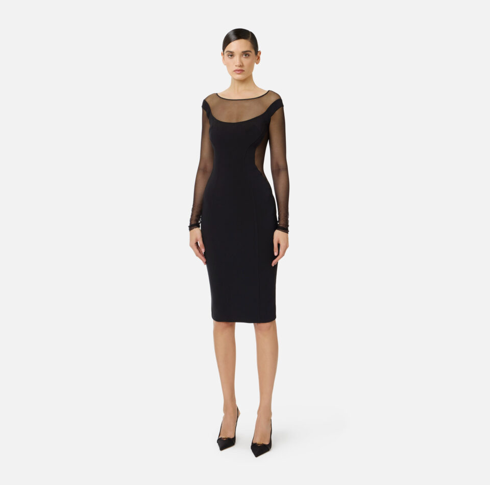 Abito in crêpe leggero e tulle con cut-out
